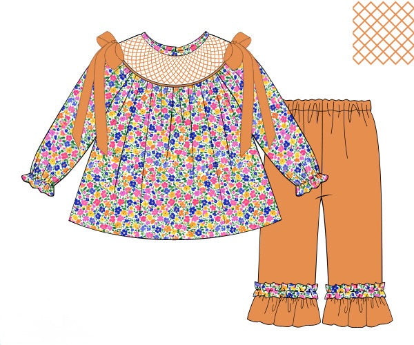 PRE ORDER Girls Smocked Southern Harvest Blooms Ruffle Pant Set | ETA to LBS: SEPTEMBER