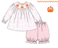 PRE ORDER Girls Smocked Pearl Bow Pumpkins Bubble Bloomer Set | ETA to LBS: SEPTEMBER