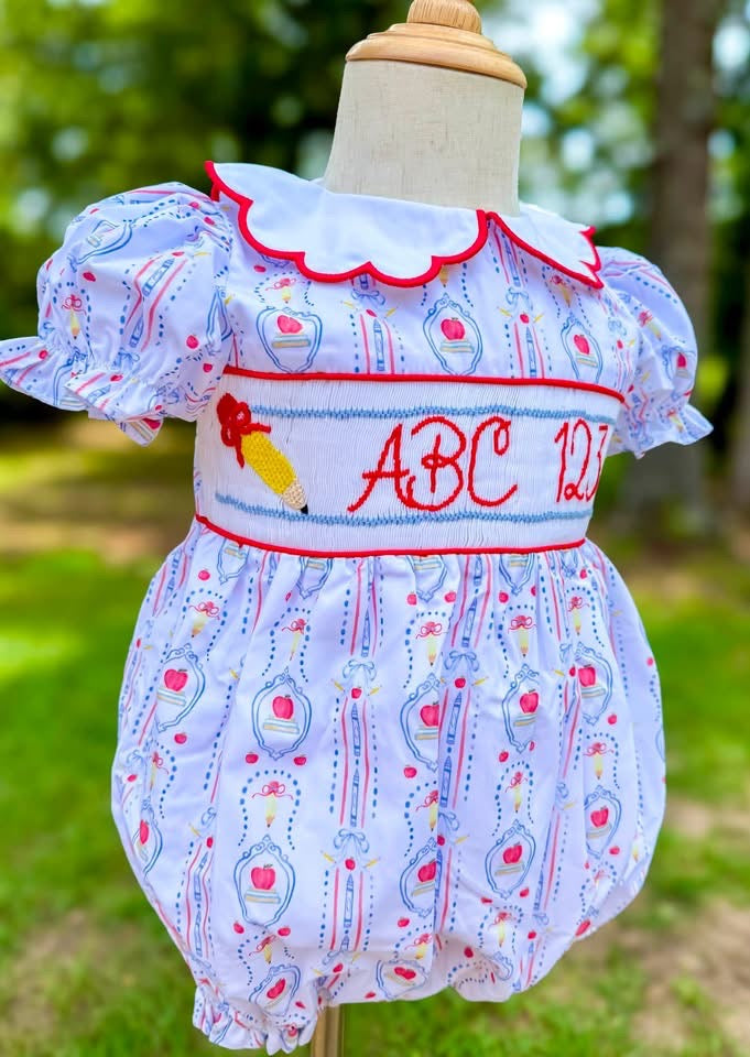 Girls “ABC 123” Smocked School Day Cutie Bloomer Set & Dress