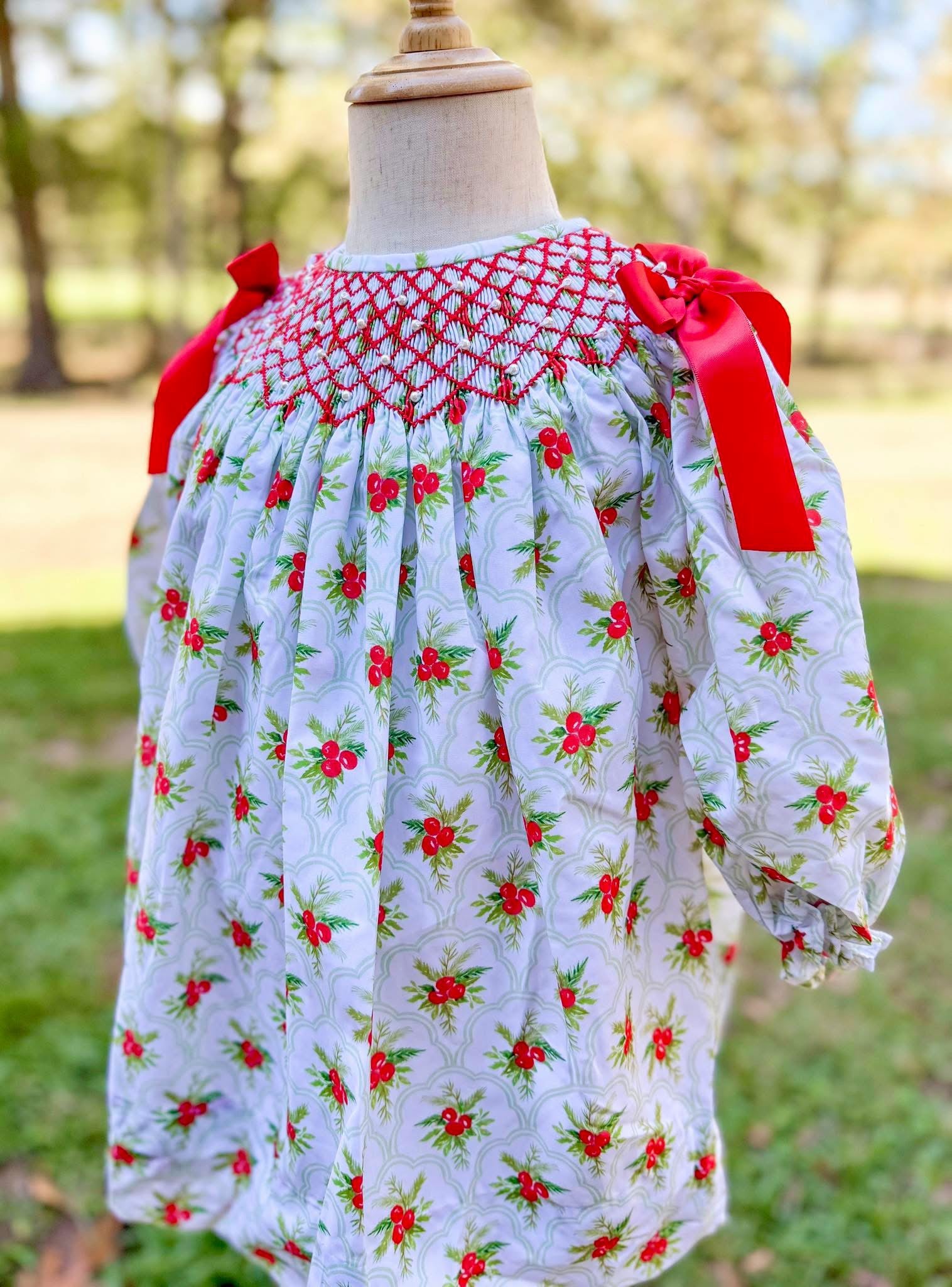 Girls Christmas Berries Smocked Dress