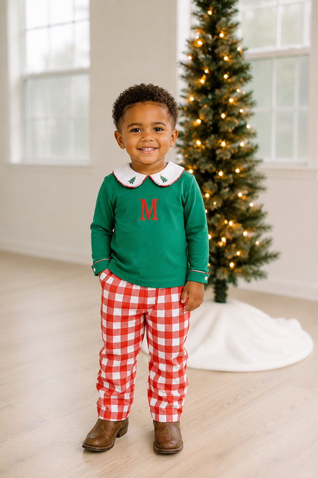 PRE ORDER Boys Red Plaid Hand Embroidered Christmas Trees Pant Set | ETA to LBS: OCTOBER