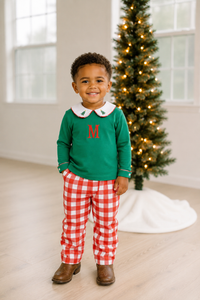 PRE ORDER Boys Red Plaid Hand Embroidered Christmas Trees Pant Set | ETA to LBS: OCTOBER