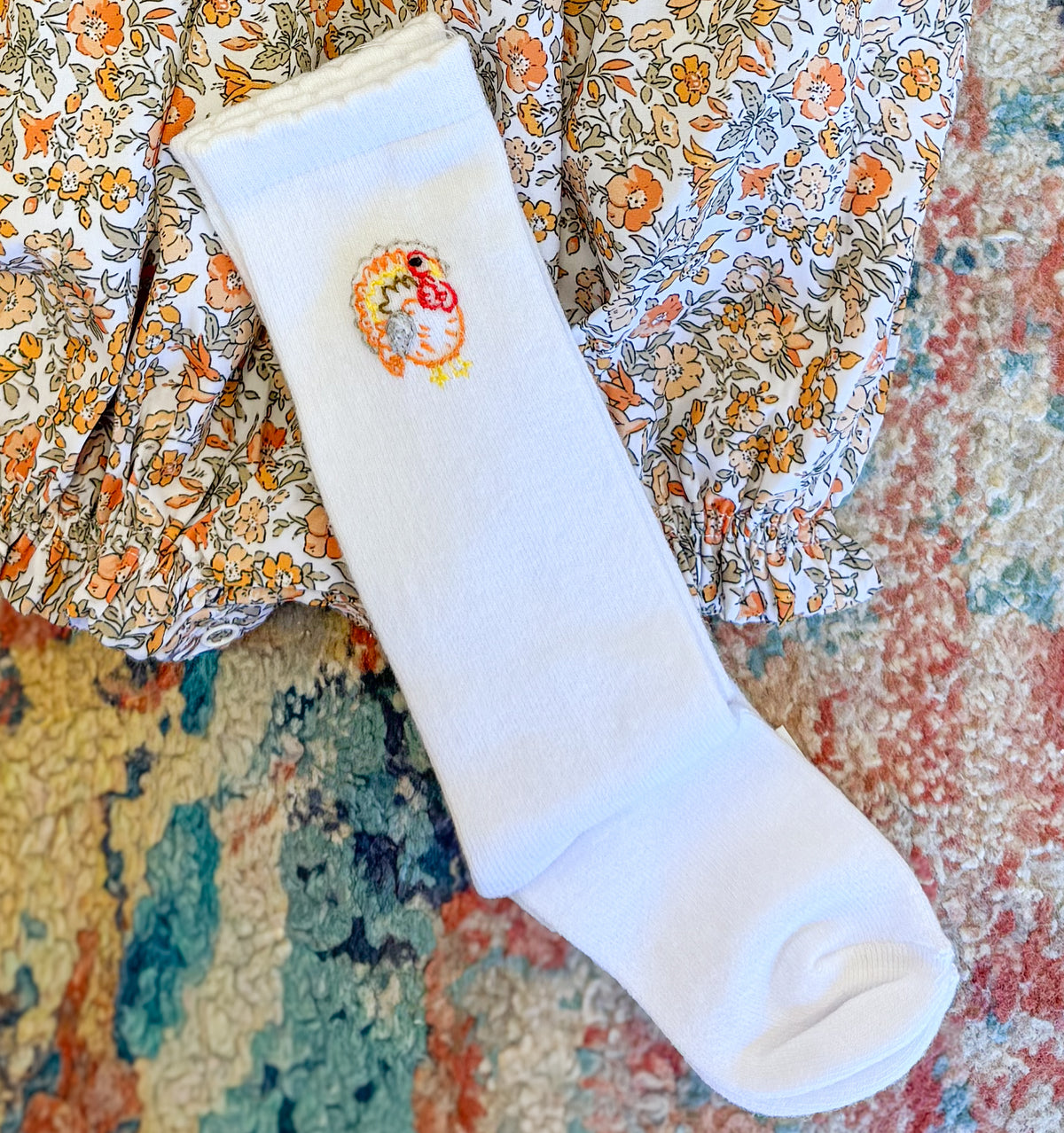 Girls Hand Embroidered Turkey Knee High Socks