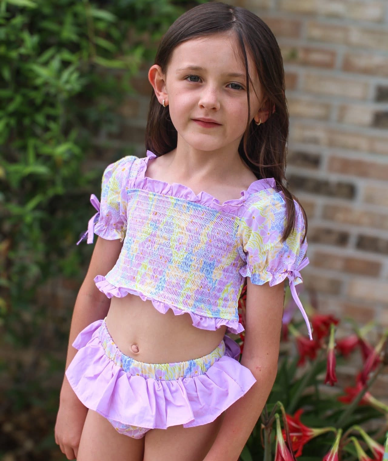 Girls Retro Floral 2 Piece Smocked Swimsuit