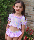 Girls Retro Floral 2 Piece Smocked Swimsuit