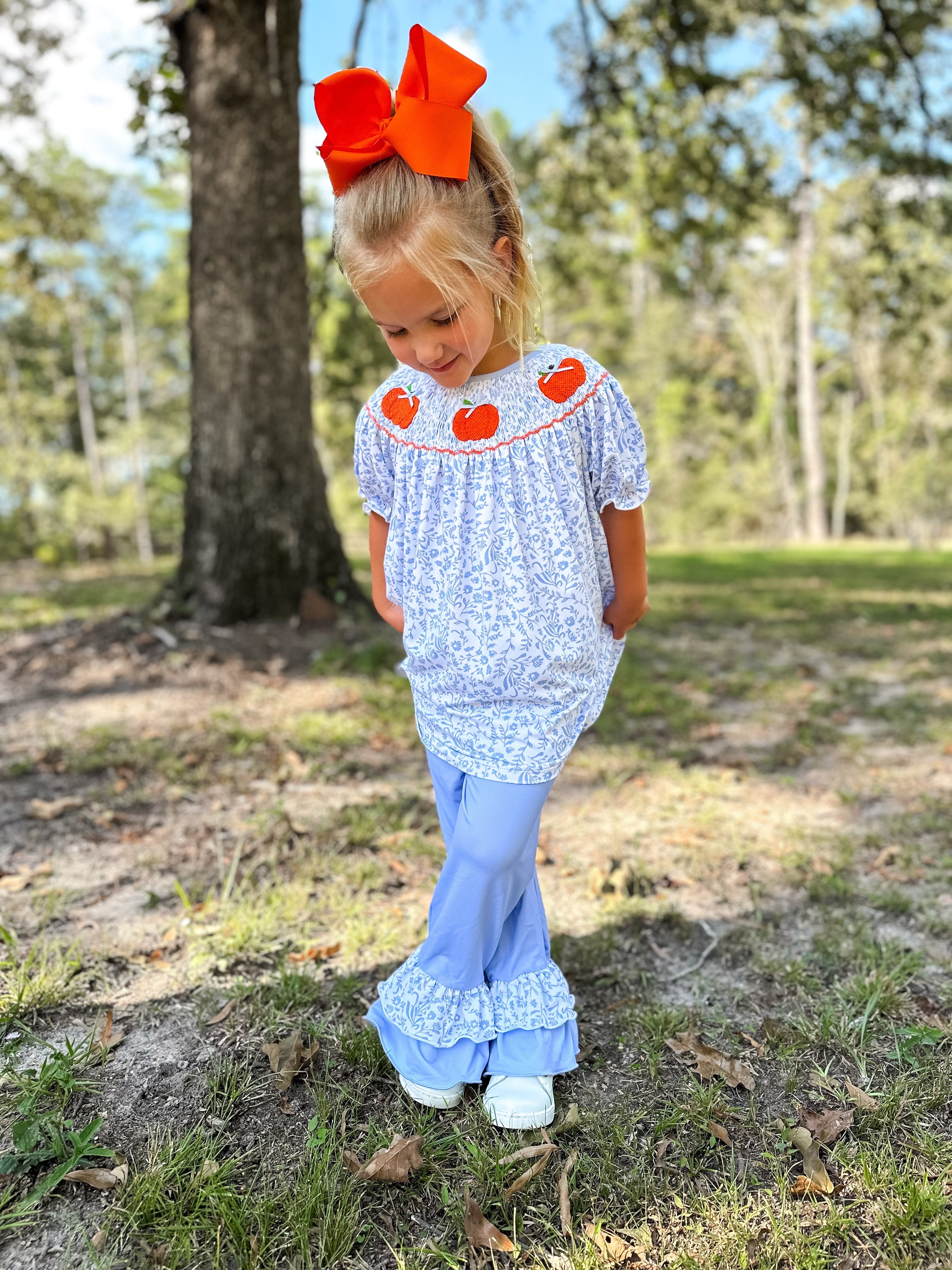 Girls Floral Smocked Pumpkins Ruffle Pant Set