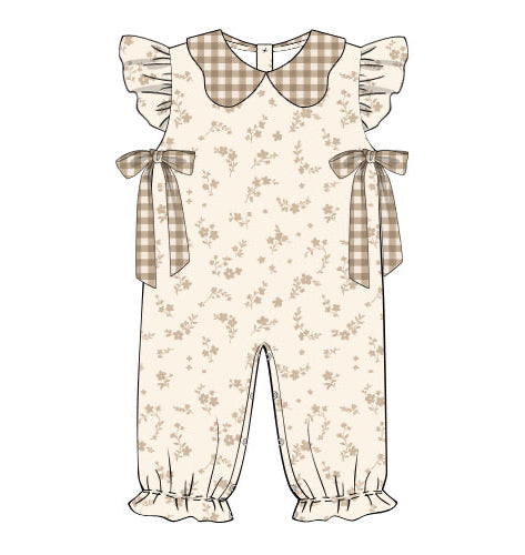 PRE ORDER Girls Fall Gingham Floral Long Romper | ETA to LBS: SEPTEMBER