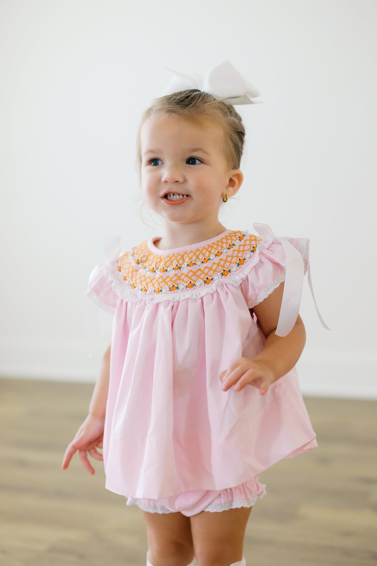 Girls Heirloom Smocked Pearl Pumpkins Bloomer Set & Dress