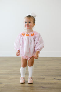 PRE ORDER Girls Smocked Pearl Bow Pumpkins Bubble Bloomer Set | ETA to LBS: SEPTEMBER