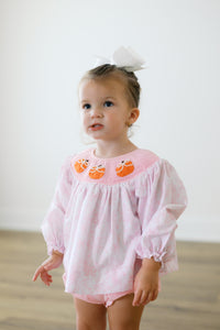 PRE ORDER Girls Smocked Pearl Bow Pumpkins Bubble Bloomer Set | ETA to LBS: SEPTEMBER