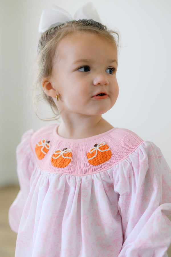 Girls Smocked Pearl Bow Pumpkins Bubble Ruffle Pant Set
