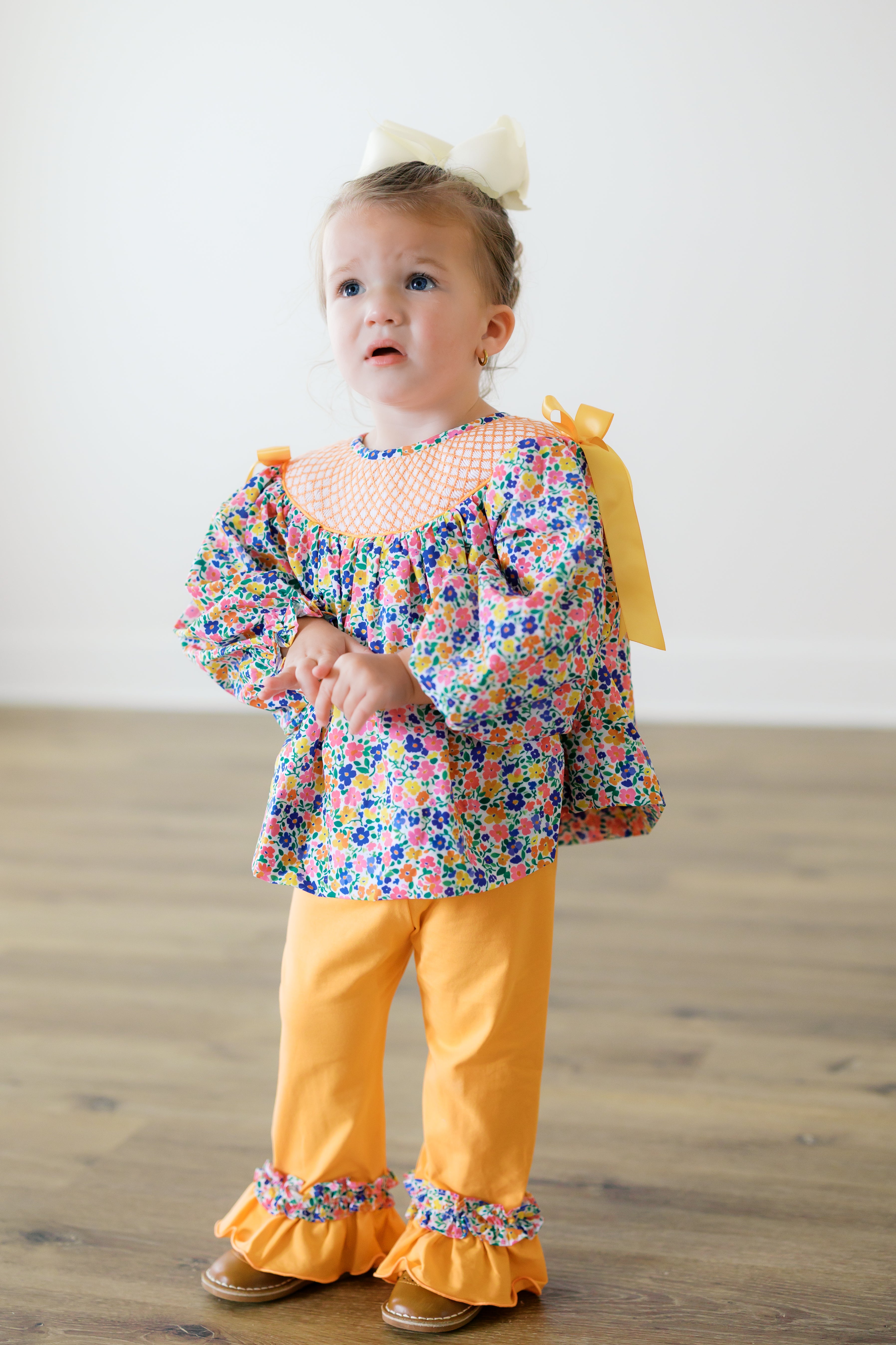 Girls Smocked Southern Harvest Blooms Ruffle Pant Set