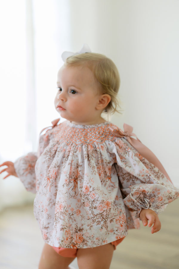 Girls Smocked Mauve Floral Antique Bubble