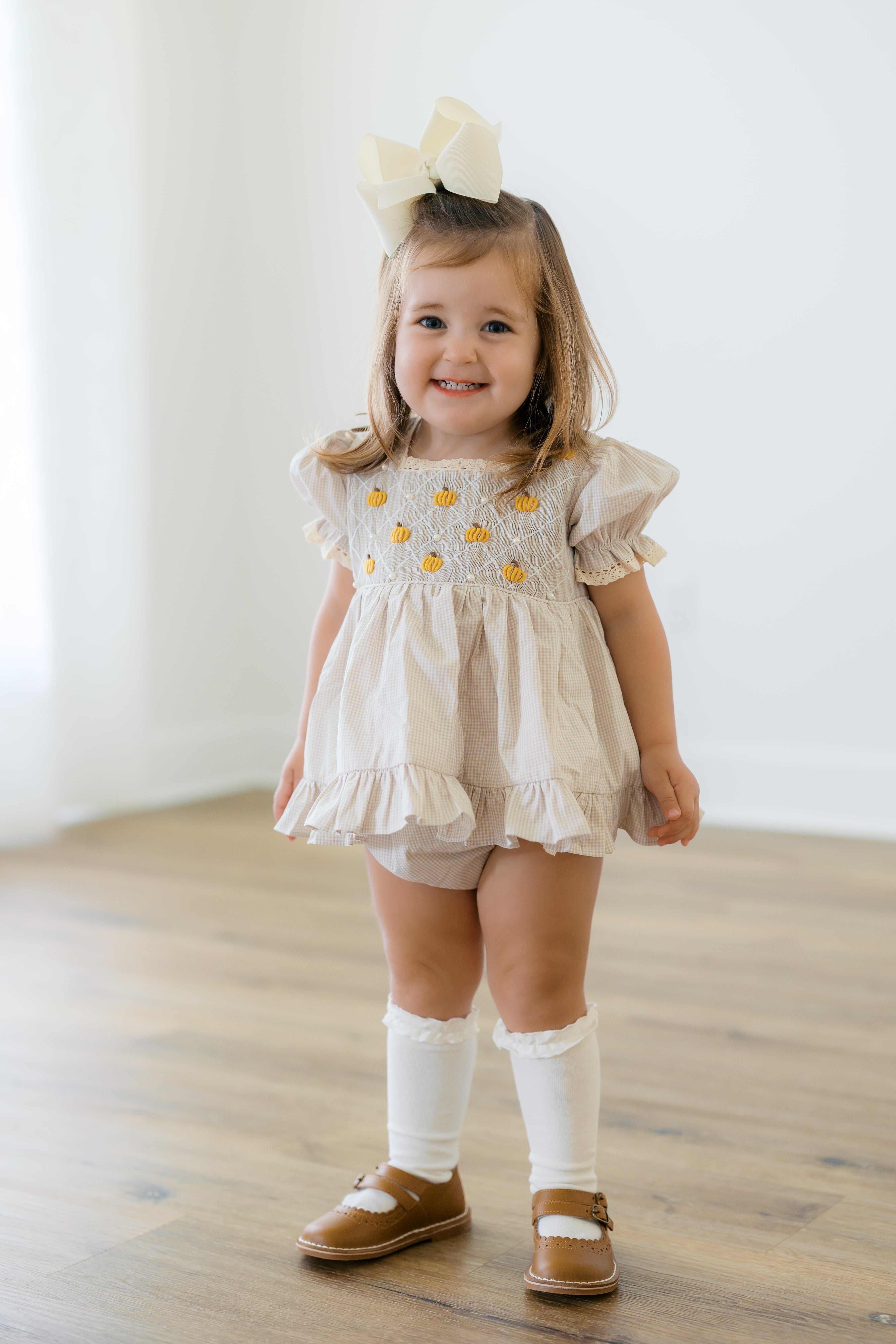PRE ORDER Girls Smocked Heirloom Pearl Pumpkins Bloomer Set & Dress | ETA to LBS: SEPTEMBER