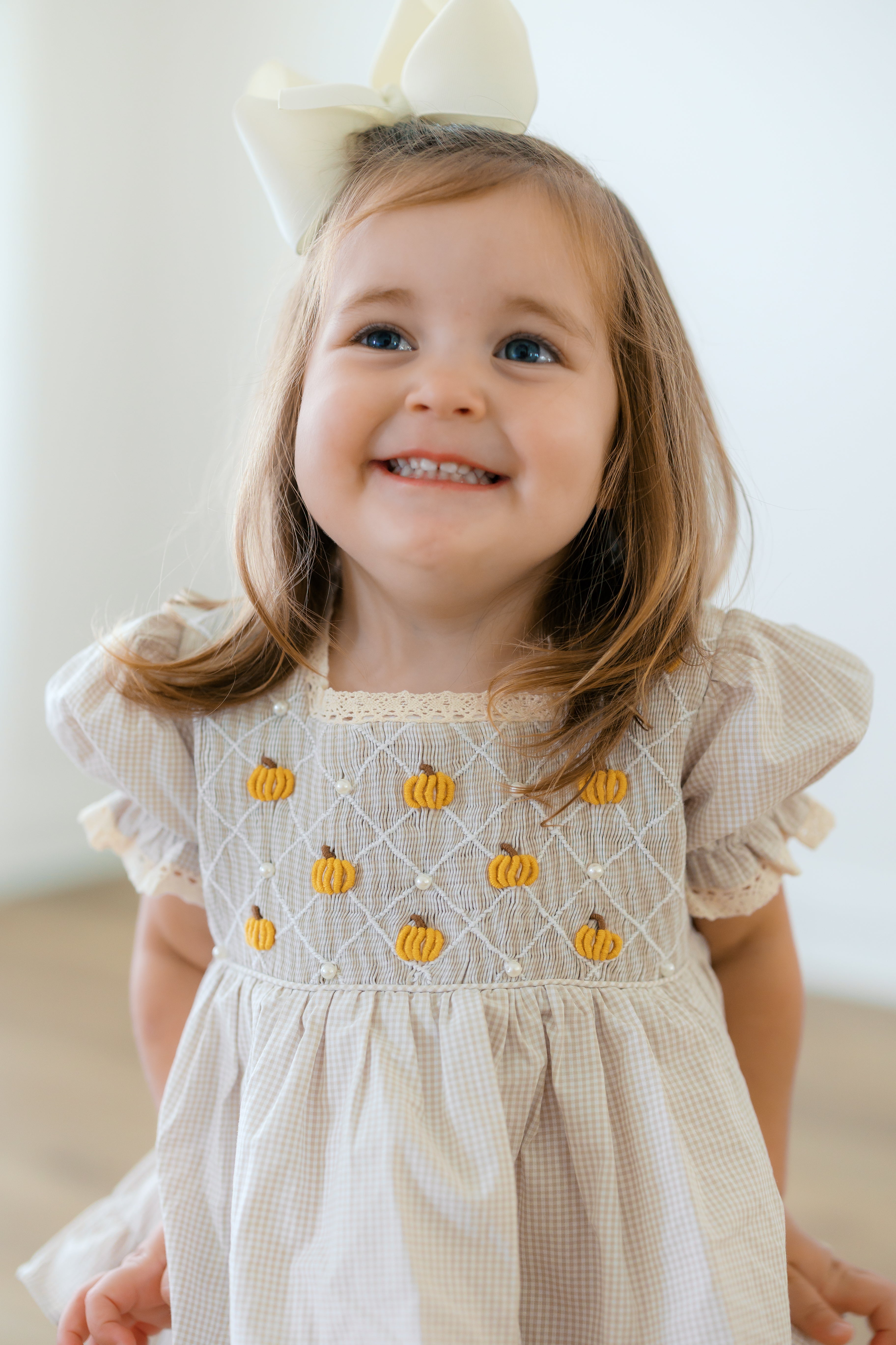 PRE ORDER Girls Smocked Heirloom Pearl Pumpkins Skirted Bubble | ETA to LBS: SEPTEMBER