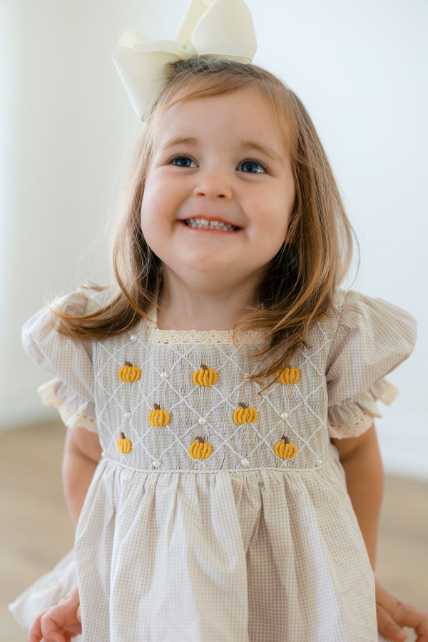 Girls Smocked Heirloom Pearl Pumpkins Skirted Bubble