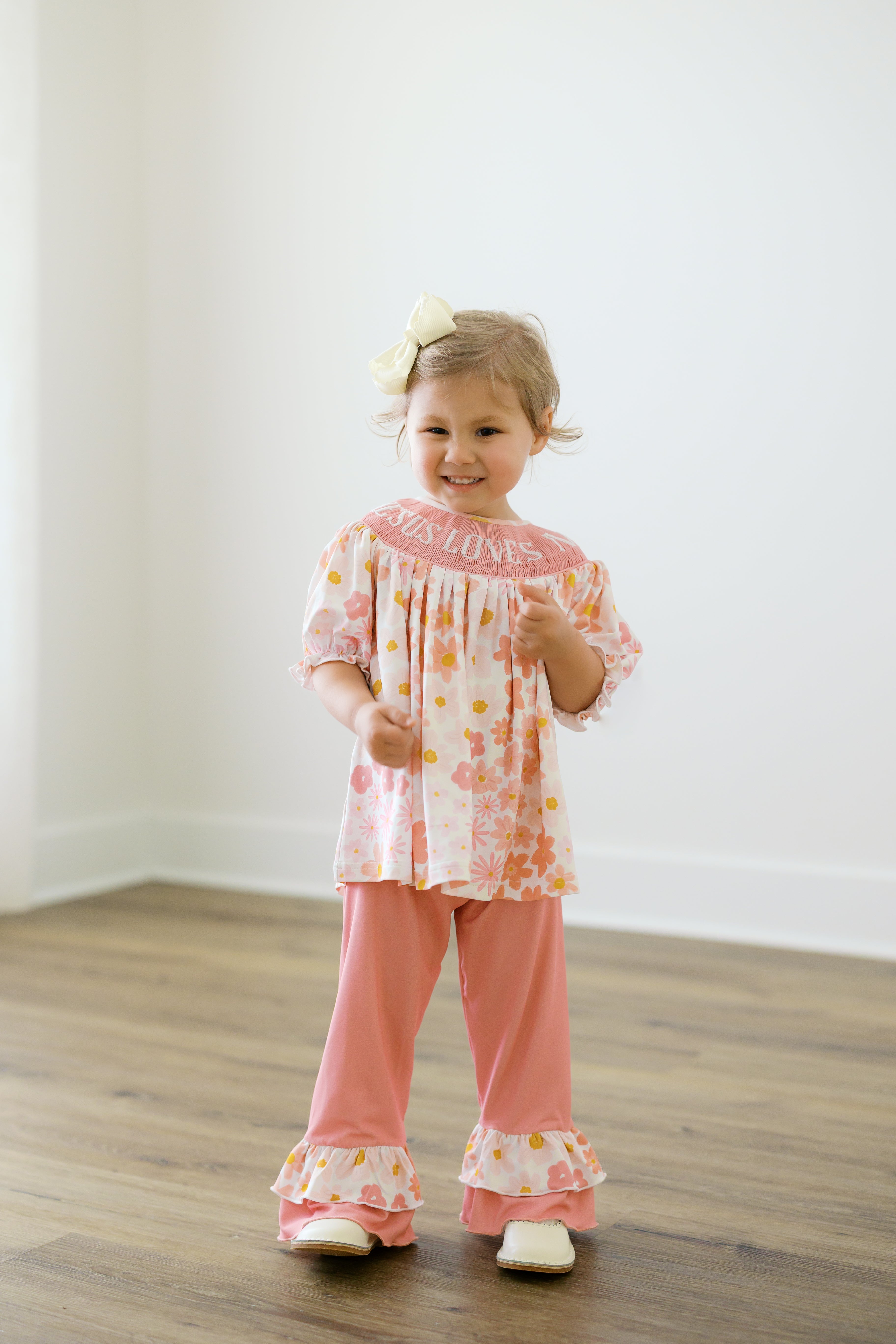 PRE ORDER Girls Smocked Mauve Meadow Ruffle Pant Set | ETA to LBS: SEPTEMBER