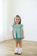 PRE ORDER Girls Sage Green Pearl Bow Bloomer Set & Dress | ETA to LBS: SEPTEMBER