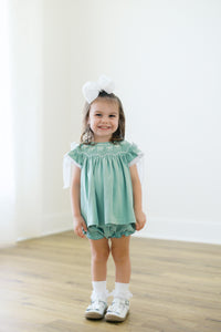 PRE ORDER Girls Sage Green Pearl Bow Bloomer Set & Dress | ETA to LBS: SEPTEMBER