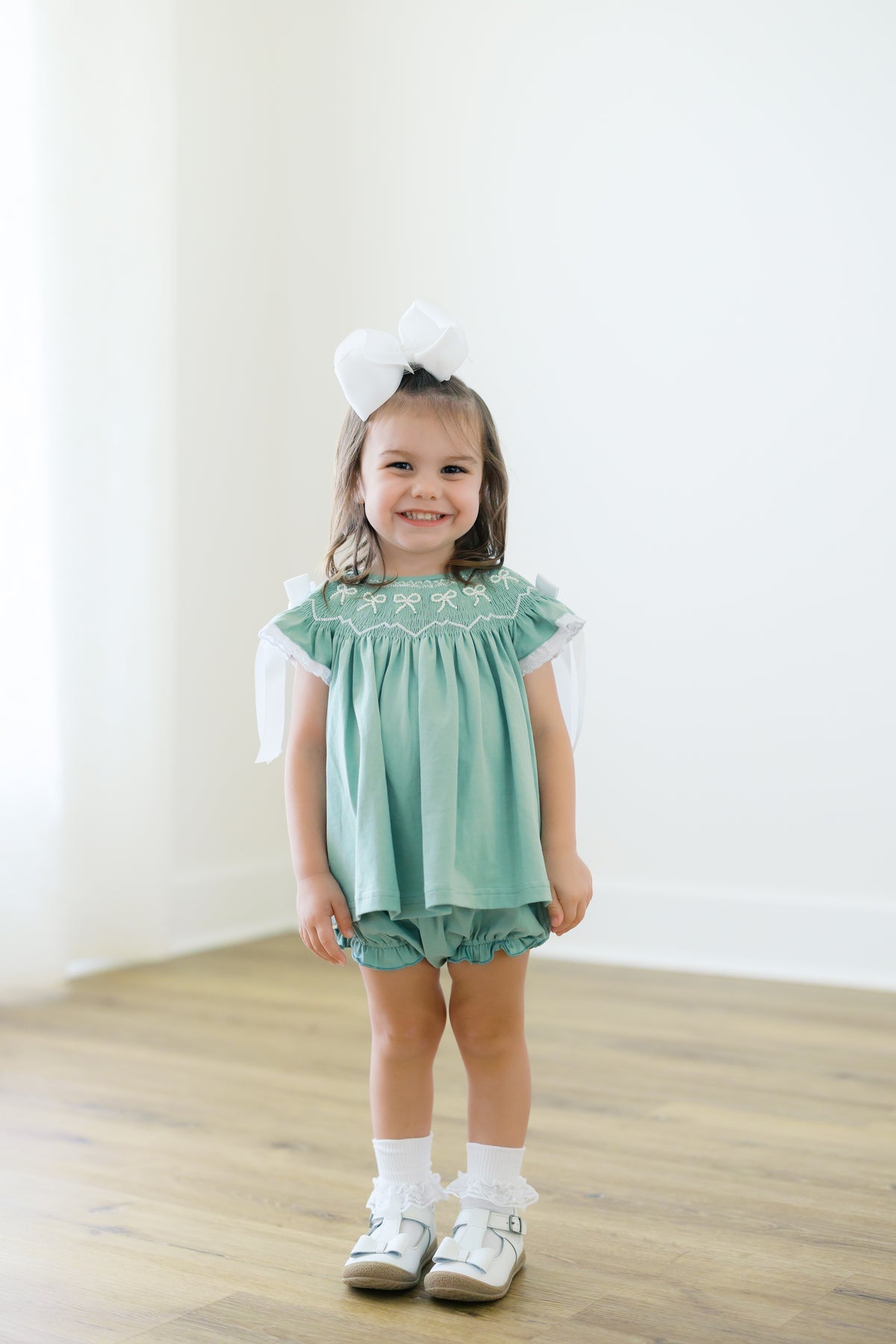 Girls Sage Green Pearl Bow Bloomer Set & Dress