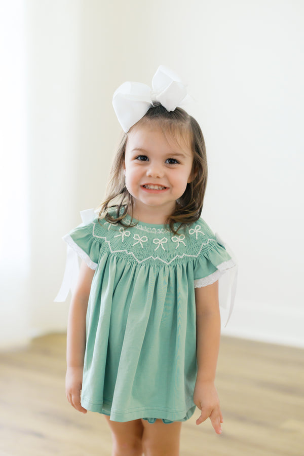 Girls Sage Green Pearl Bows Bubble