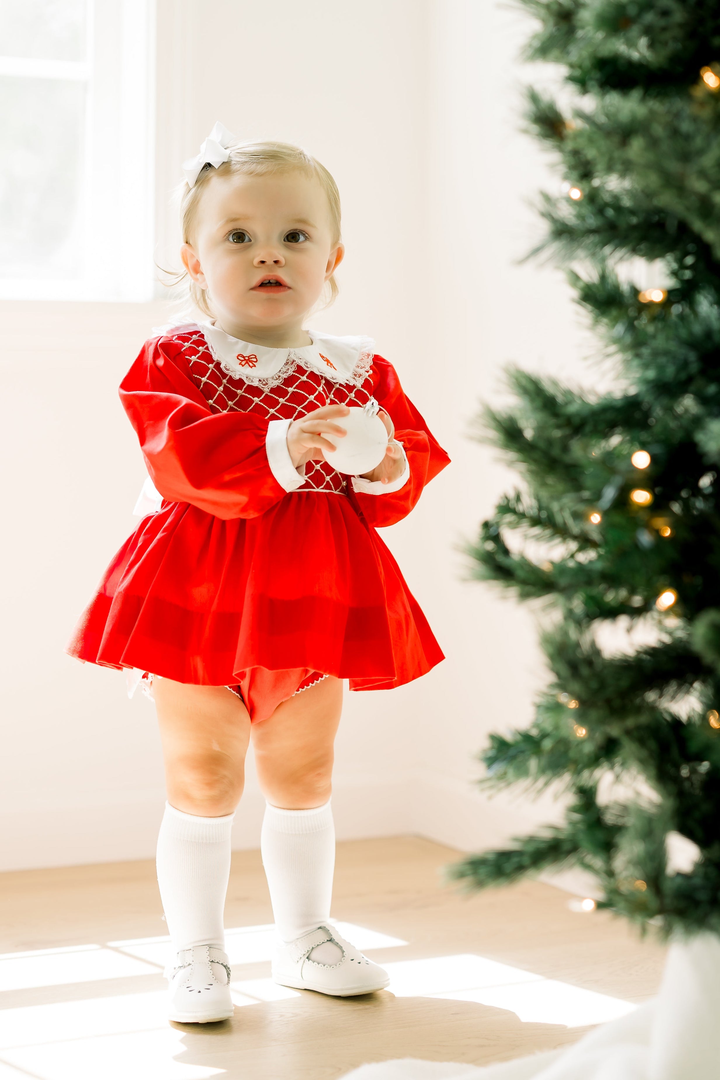 PRE ORDER Girls Smocked Pearl Christmas Bows Bloomer Set & Dress | ETA to LBS: OCTOBER