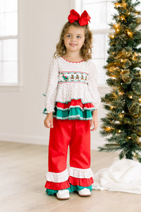 PRE ORDER Girls Smocked Here Comes Santa Claus Ruffle Pant Set | ETA to LBS: OCTOBER
