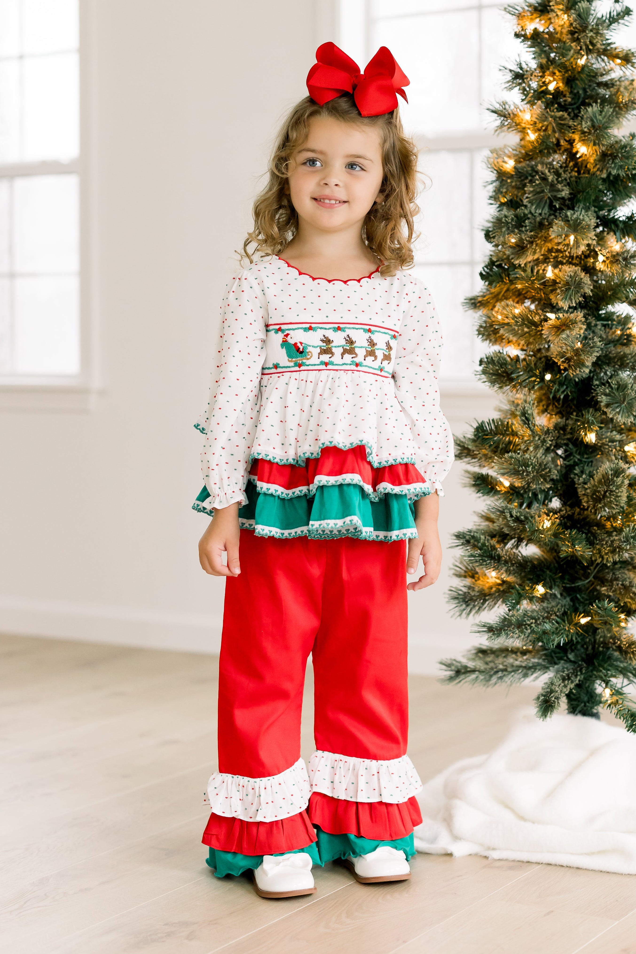 PRE ORDER Girls Smocked Here Comes Santa Claus Ruffle Pant Set | ETA to LBS: OCTOBER