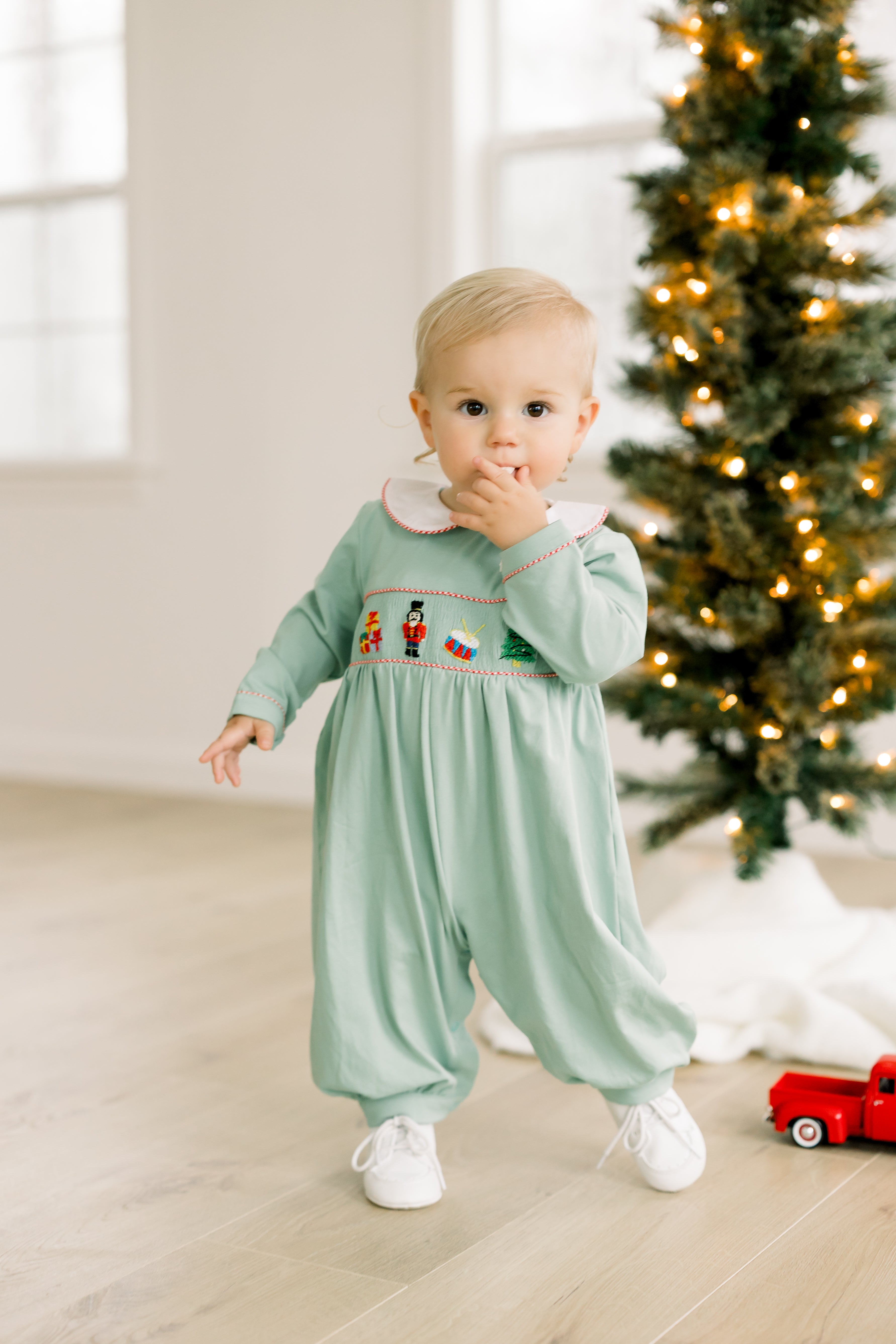 PRE ORDER Boys Smocked Little Drummer Boy Long Romper | ETA to LBS: OCTOBER