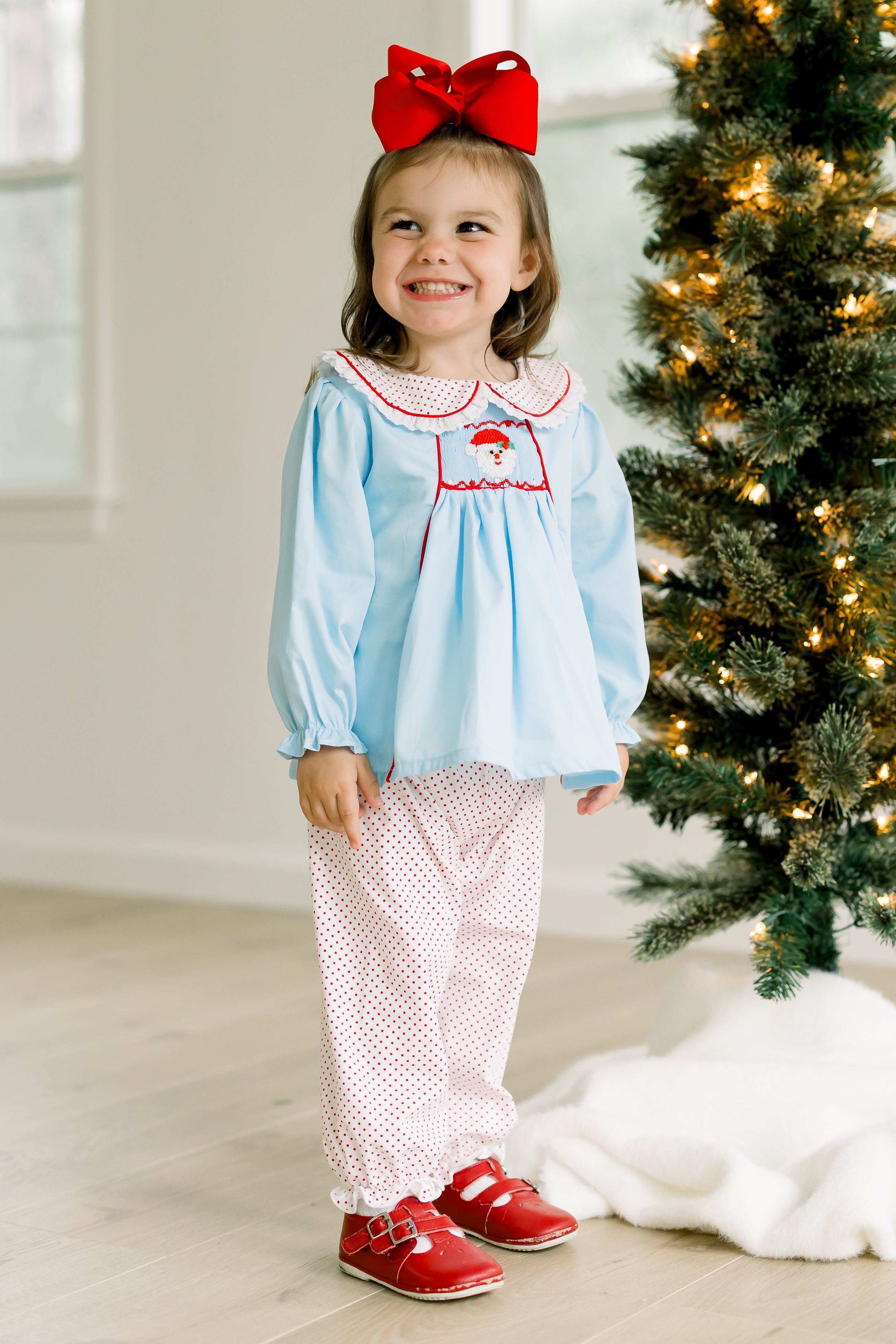PRE ORDER Girls Smocked Blue Christmas Bubble Pant Set | ETA to LBS: OCTOBER