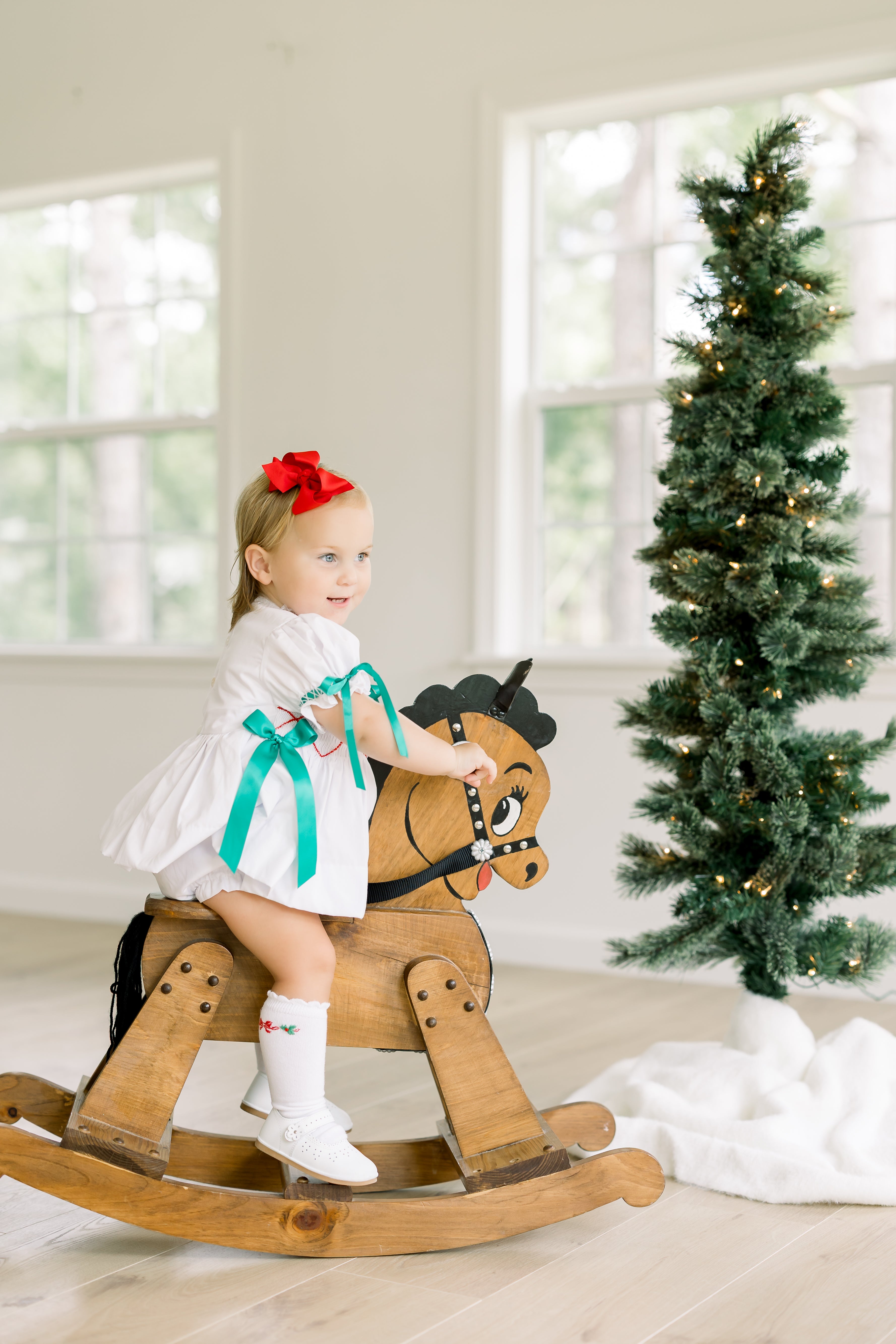 PRE ORDER Girls Smocked and Beaded Bow-tiful Christmas Heirloom Bloomer Set & Dress | ETA to LBS: OCTOBER