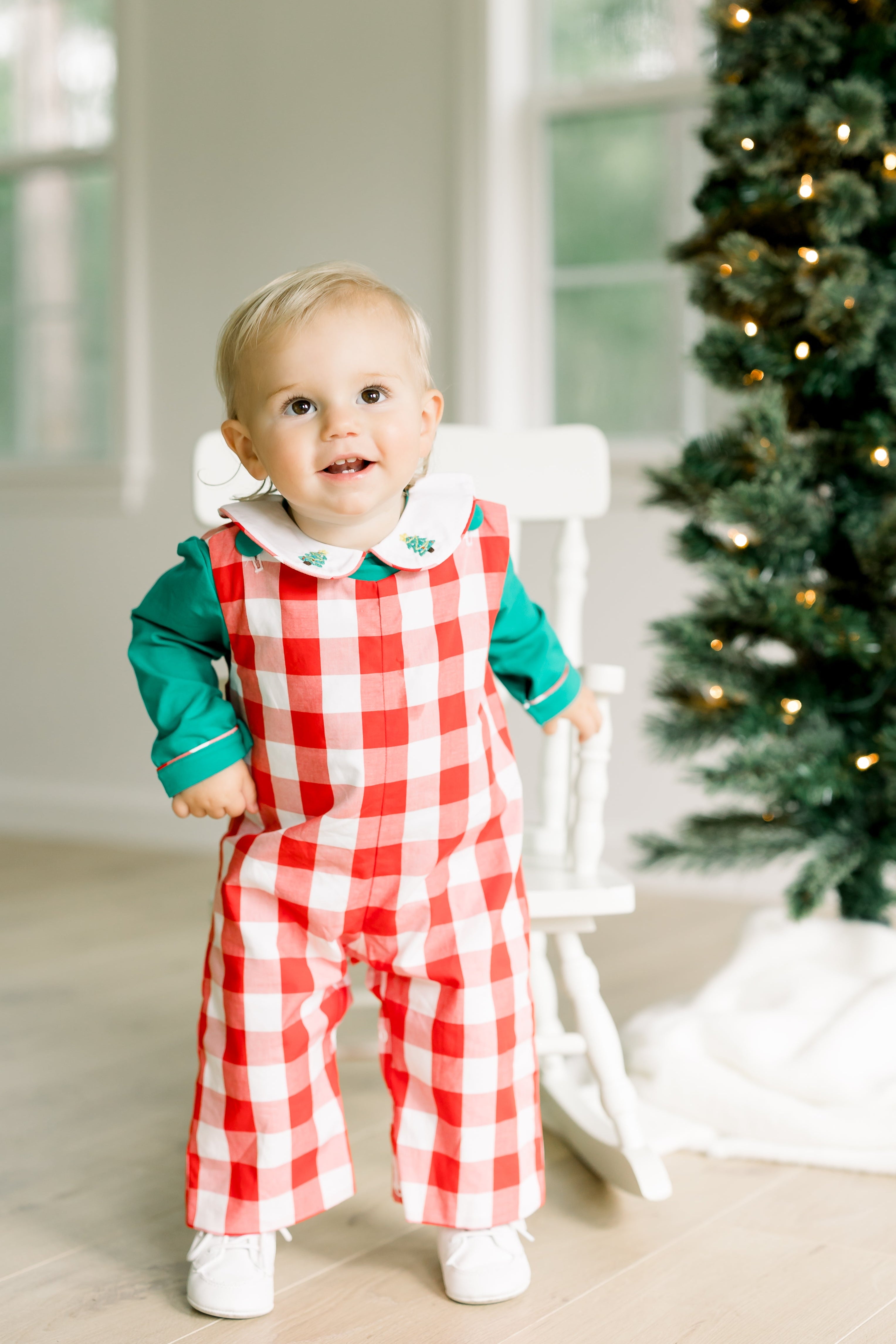 PRE ORDER Boys Red Plaid Hand Embroidered Christmas Tree Longall | ETA to LBS: OCTOBER