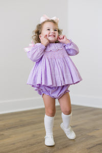 PRE ORDER Girls Smocked Lavender Swiss Dot Pretty as a Pearl Bloomer Set & Dress | ETA to LBS: NOVEMBER