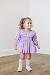 PRE ORDER Girls Smocked Lavender Swiss Dot Pretty as a Pearl Bloomer Set & Dress | ETA to LBS: NOVEMBER