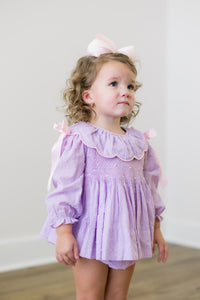 PRE ORDER Girls Smocked Lavender Swiss Dot Pretty as a Pearl Bubble | ETA to LBS: DECEMBER