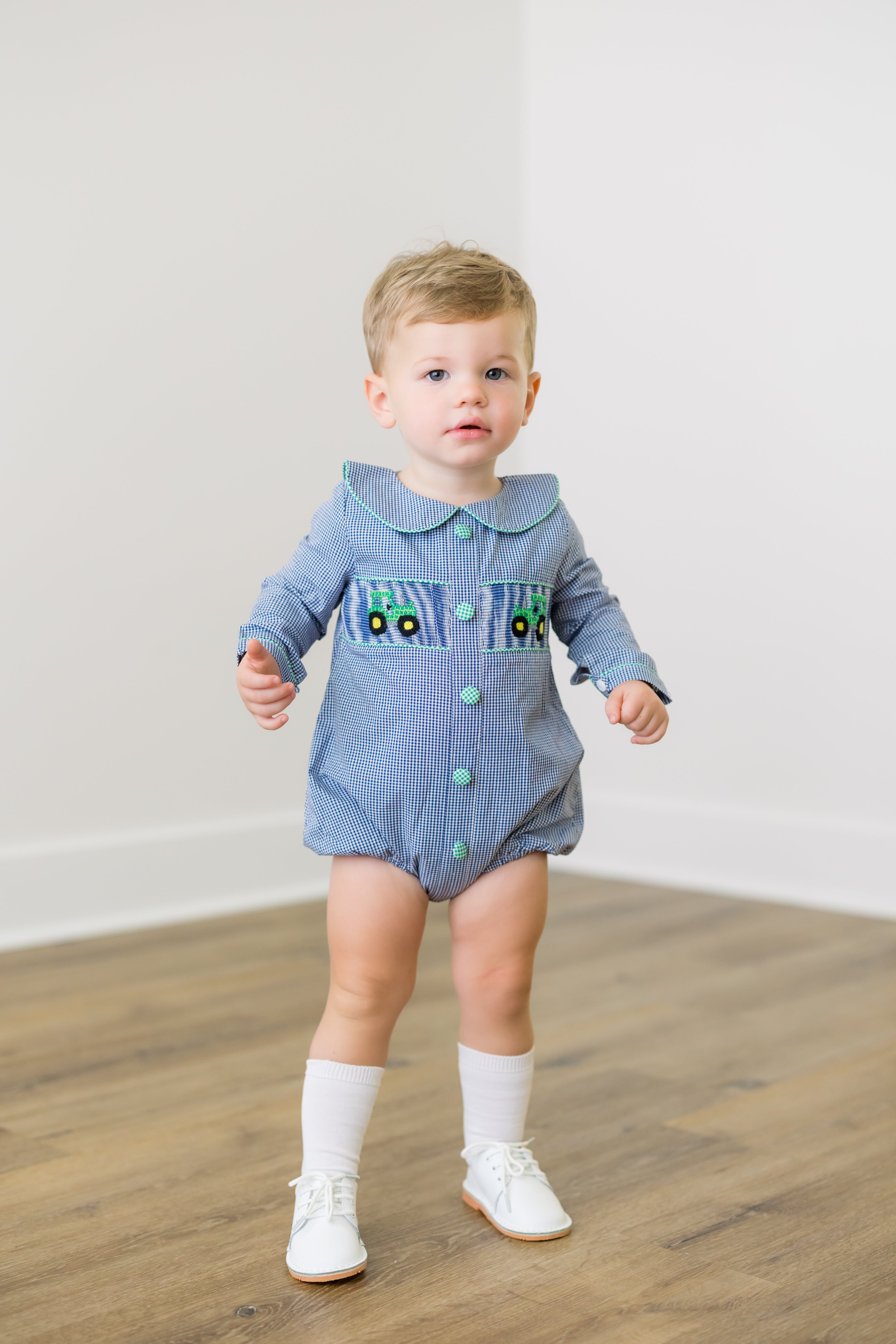 PRE ORDER Boys Smocked Gingham Tractors Bubble | ETA to LBS: DECEMBER