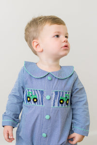 PRE ORDER Boys Smocked Gingham Tractors Bubble | ETA to LBS: DECEMBER