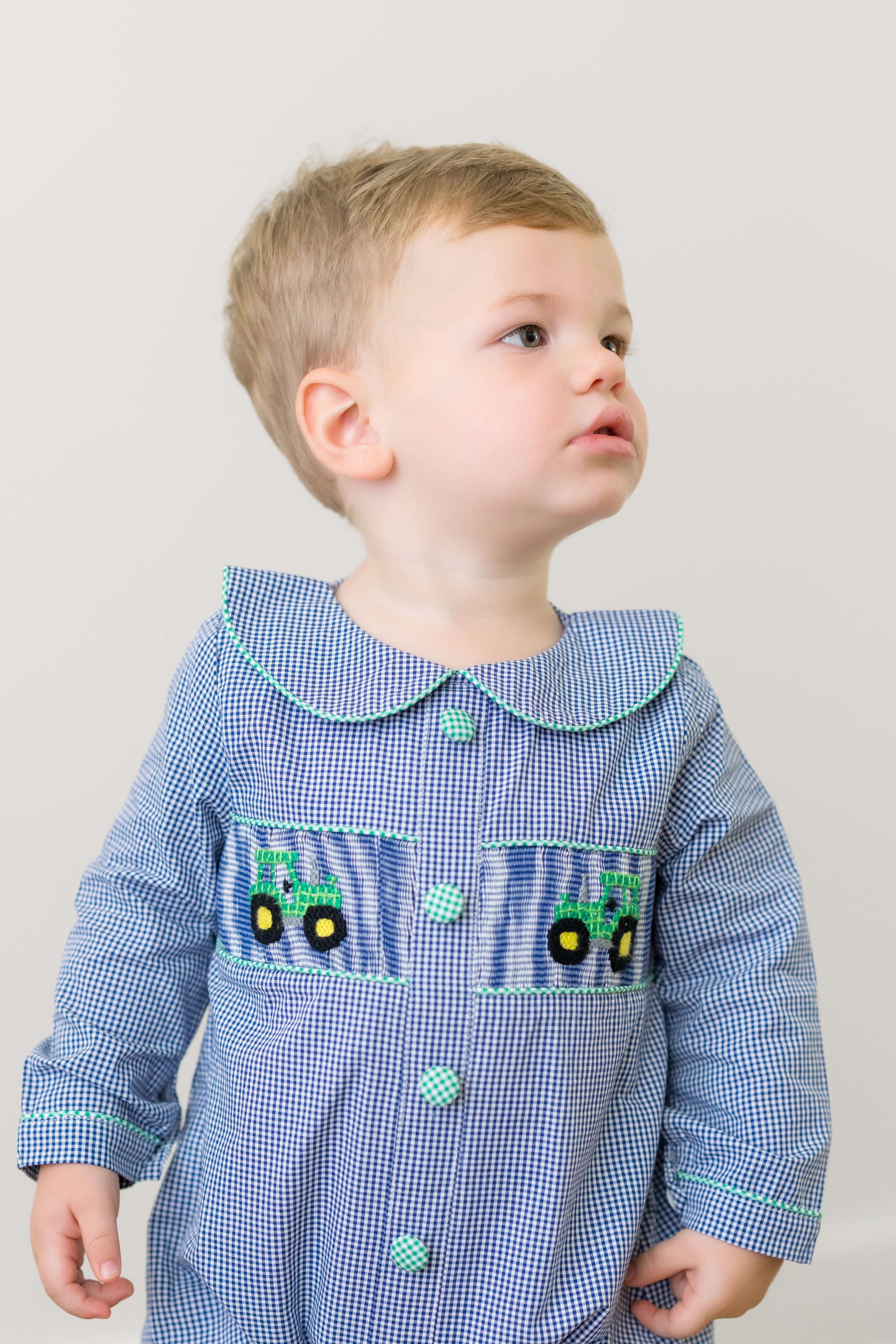 PRE ORDER Boys Smocked Gingham Tractors Bubble | ETA to LBS: DECEMBER