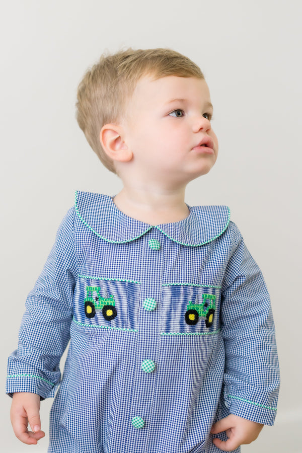 PRE ORDER Boys Smocked Gingham Tractors Pant Set | ETA to LBS: DECEMBER