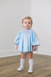 PRE ORDER Girls Custom Smock Blushing Blue Satin Bloomer Set & Dress | ETA to LBS: DECEMBER