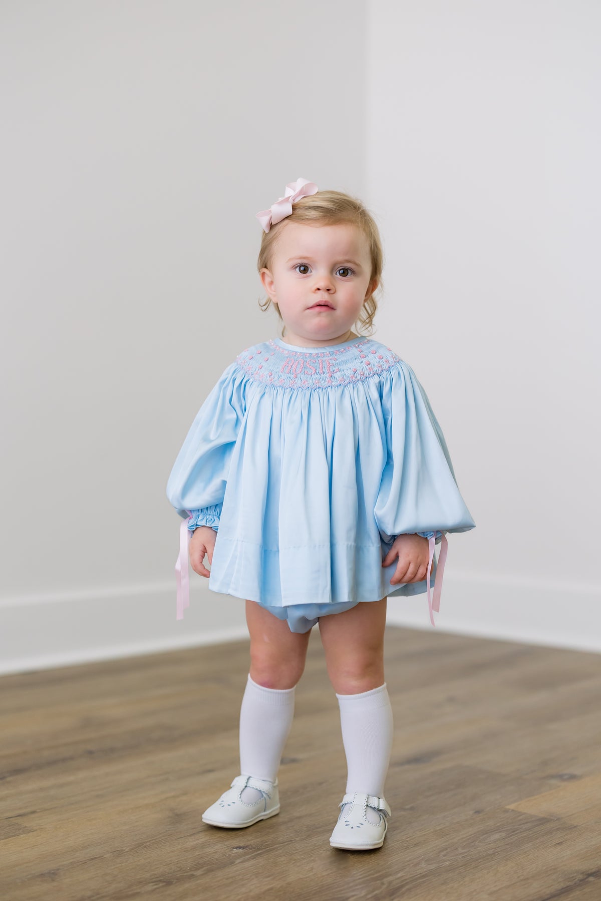 PRE ORDER Girls Custom Smock Blushing Blue Satin Bloomer Set & Dress | ETA to LBS: DECEMBER