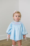 PRE ORDER Girls Custom Smock Blushing Blue Satin Bloomer Set & Dress | ETA to LBS: DECEMBER