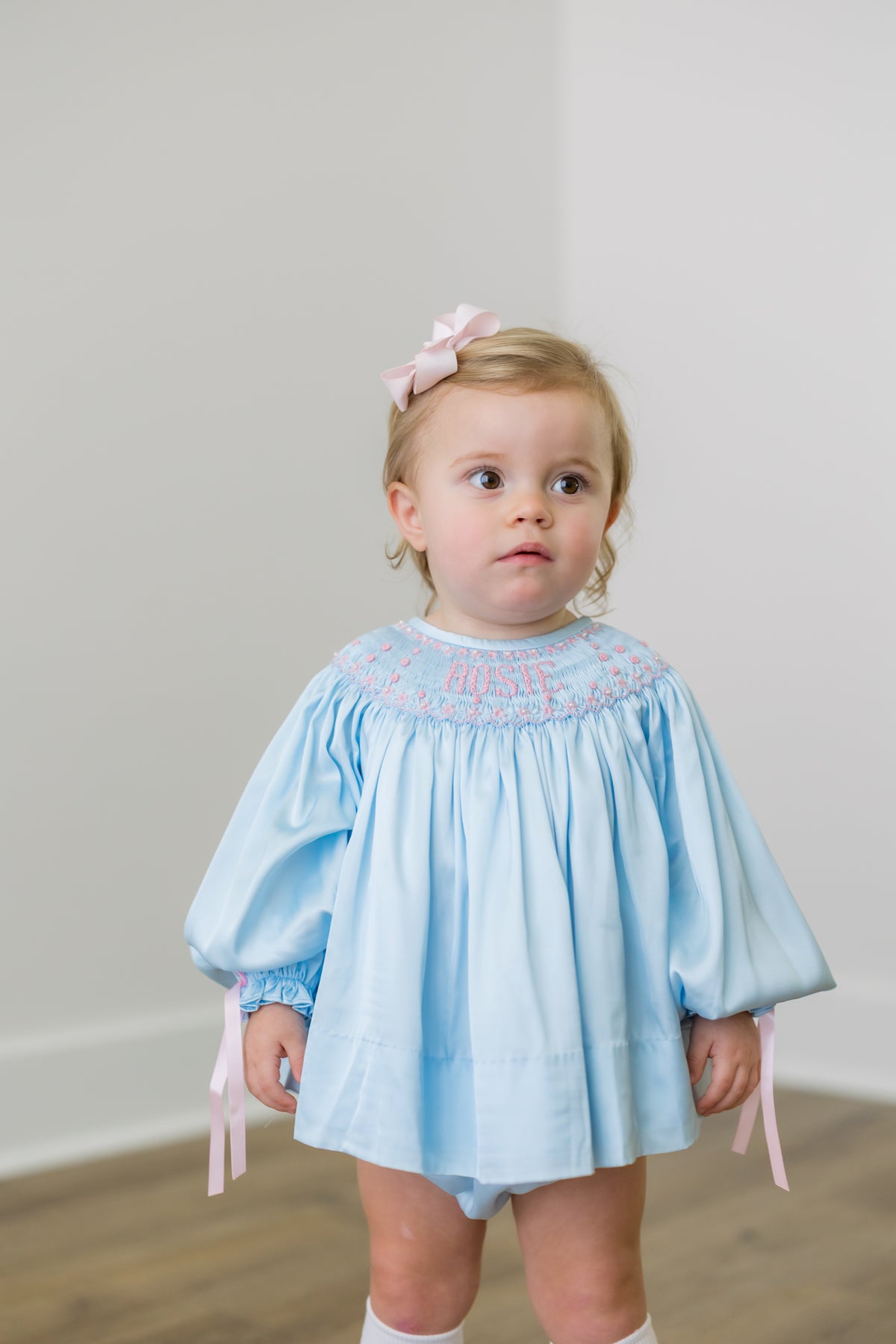 PRE ORDER Girls Custom Smock Blushing Blue Satin Bloomer Set & Dress | ETA to LBS: DECEMBER
