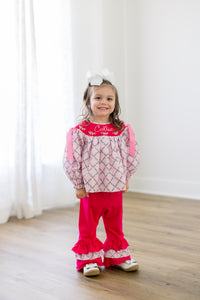 PRE ORDER Girls Custom Smock Blushing Trellis Ruffle Pant Set | ETA to LBS: DECEMBER