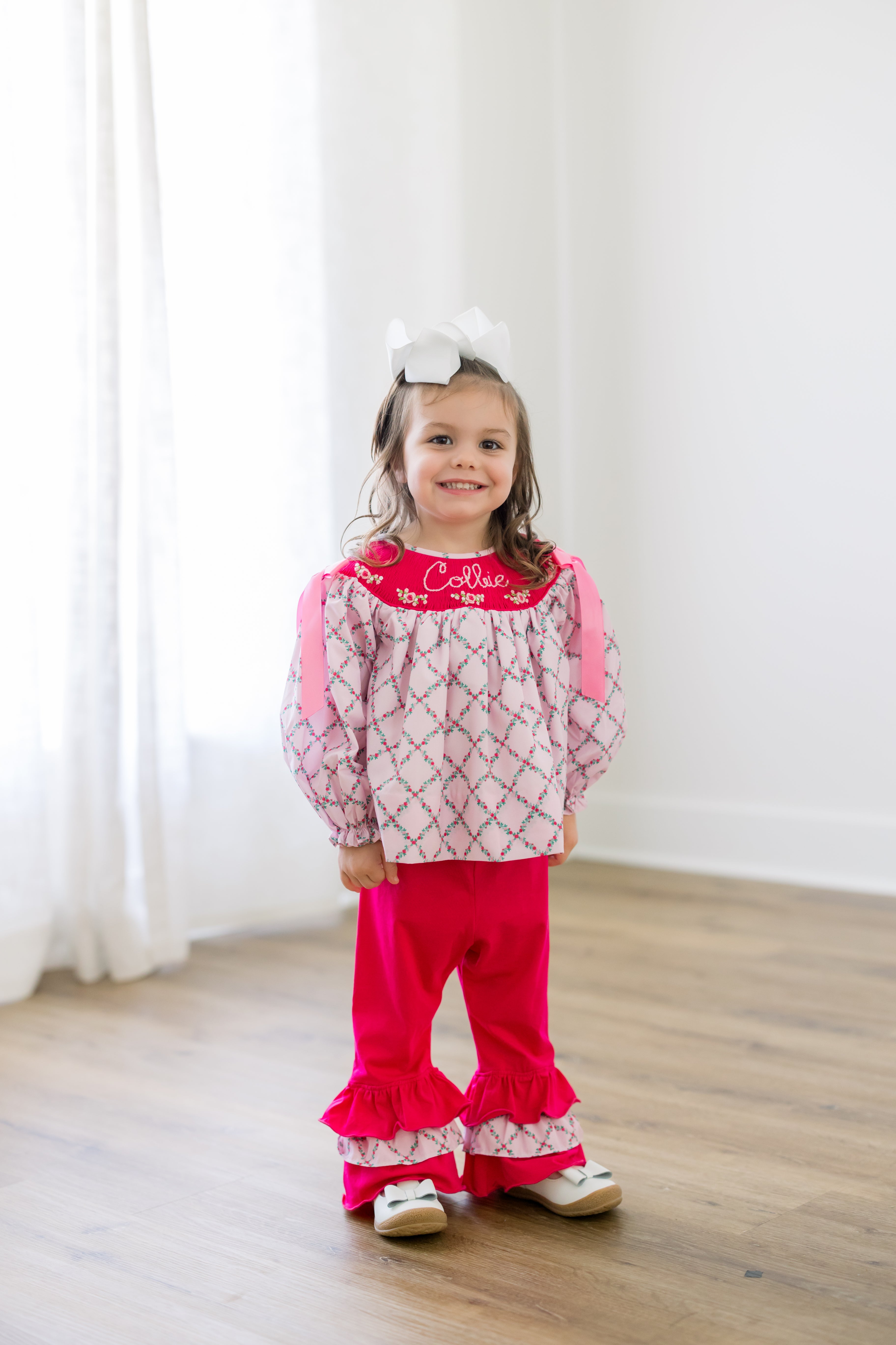 PRE ORDER Girls Custom Smock Blushing Trellis Ruffle Pant Set | ETA to LBS: DECEMBER