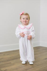 PRE ORDER Girls Smocked Rosette Garden Long Romper | ETA to LBS: DECEMBER