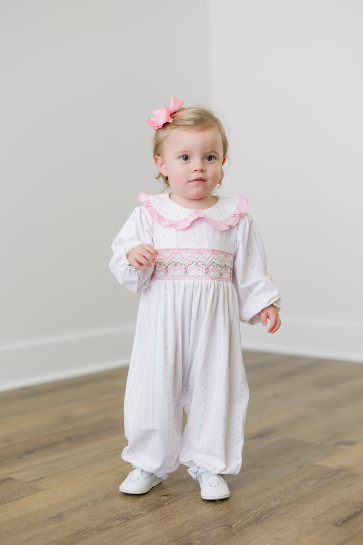PRE ORDER Girls Smocked Rosette Garden Long Romper | ETA to LBS: DECEMBER