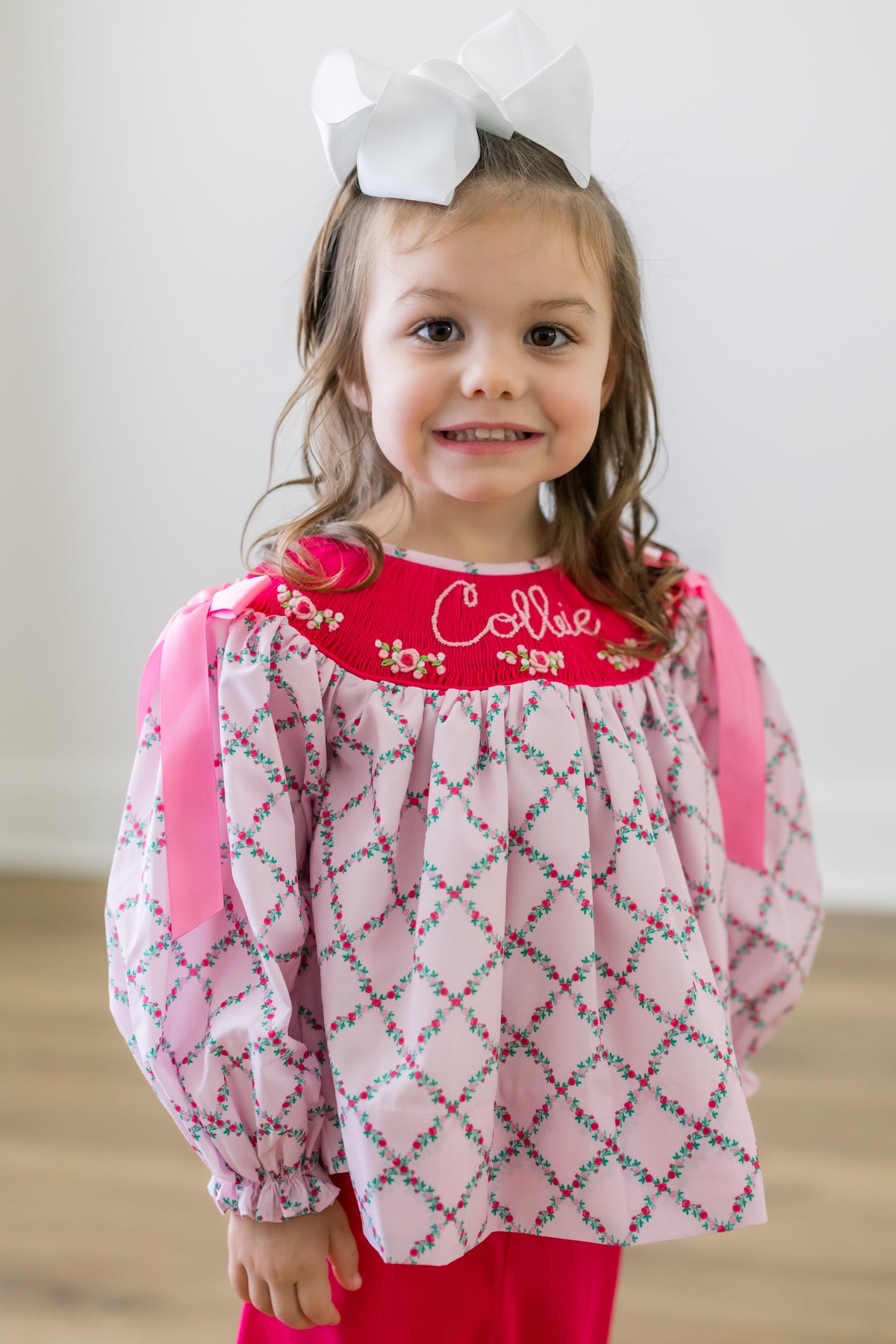 PRE ORDER Girls Custom Smock Blushing Trellis Ruffle Pant Set | ETA to LBS: DECEMBER