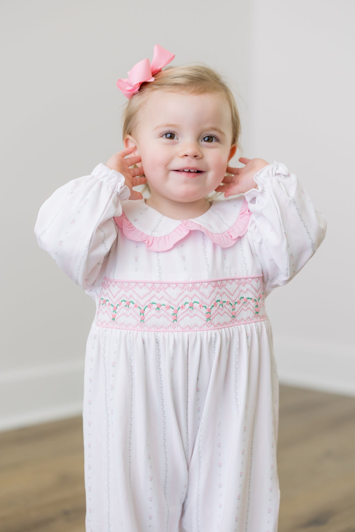 PRE ORDER Girls Smocked Rosette Garden Long Romper | ETA to LBS: DECEMBER