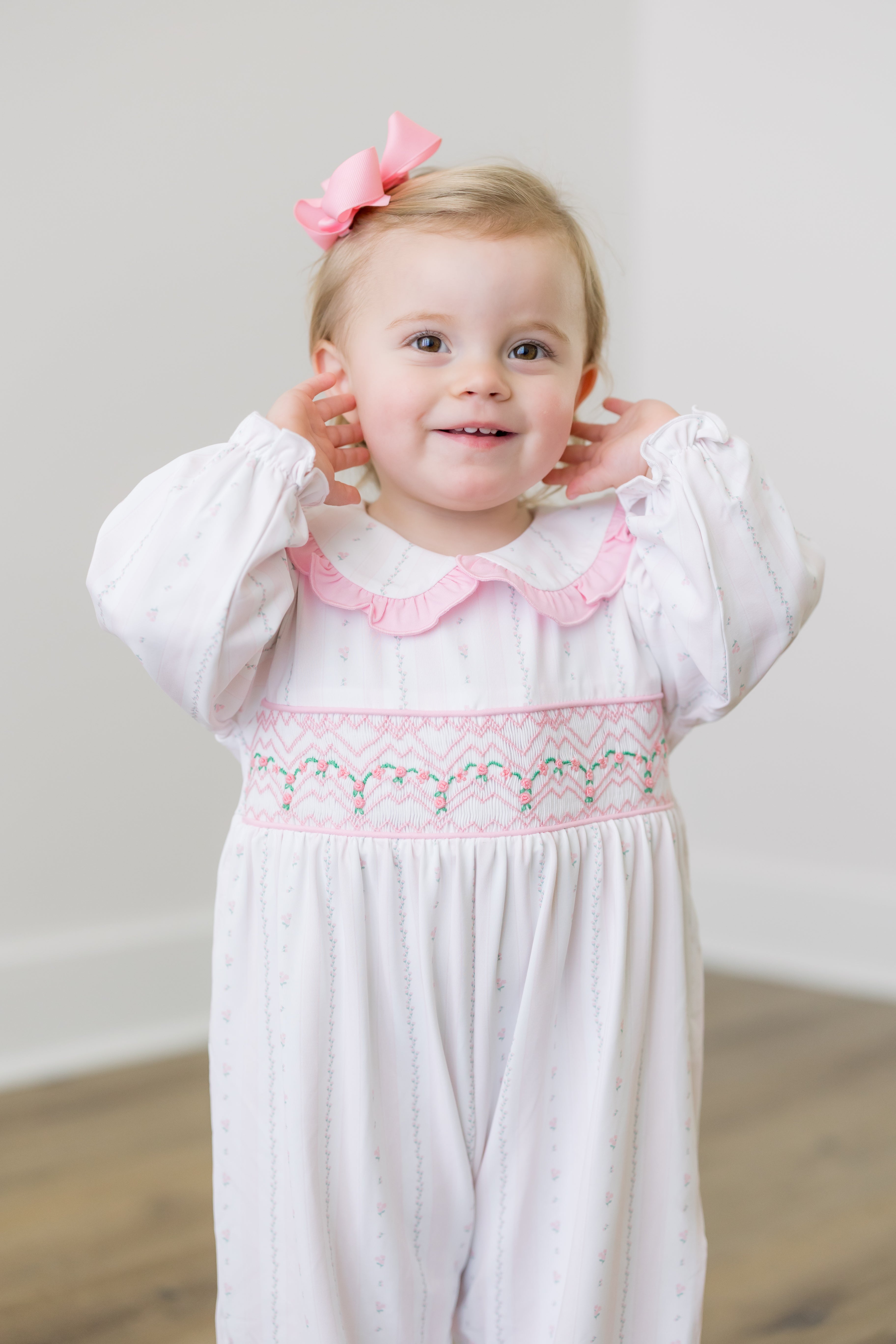 PRE ORDER Girls Smocked Rosette Garden Long Romper | ETA to LBS: DECEMBER